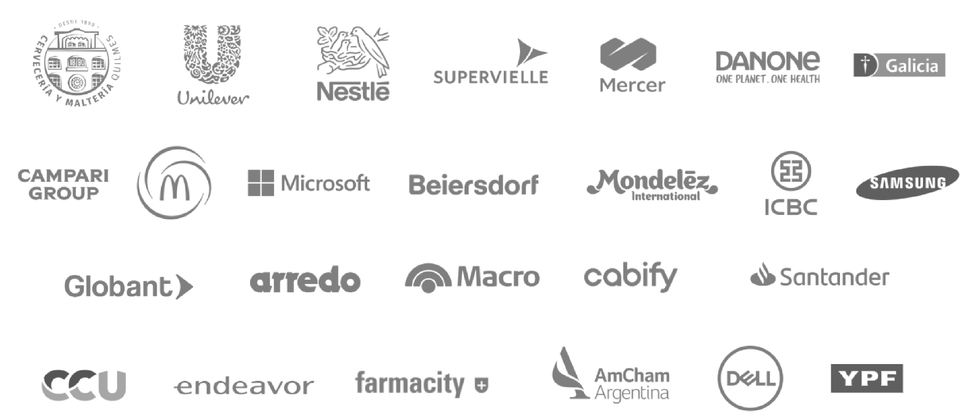 Logos de empresas asistentes a ediciones anteriores de The MeetUp: Quilmes, Unilever, Nestlé, Supervielle, Mercer, Danone, Galicia, Campari, McDonald's, Microsoft, Beiersdorf, Mondelēz, ICBC, Samsung, Globant, Arredo, Macro, Cabify, Santander, CCU, Endeavor, Farmacity, AmCham, Dell, YPF.