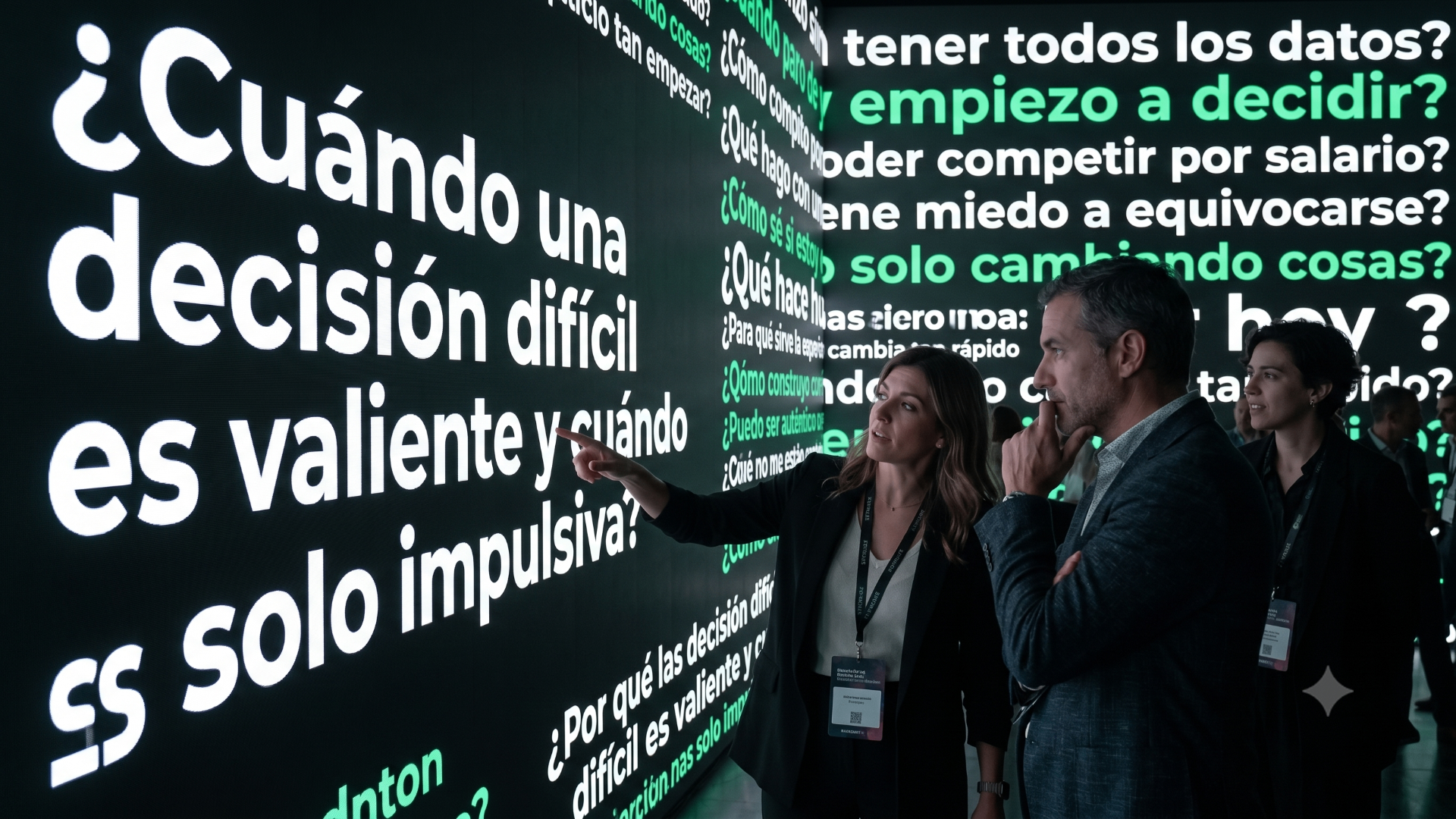Asistentes frente a una pared inmersiva con preguntas proyectadas