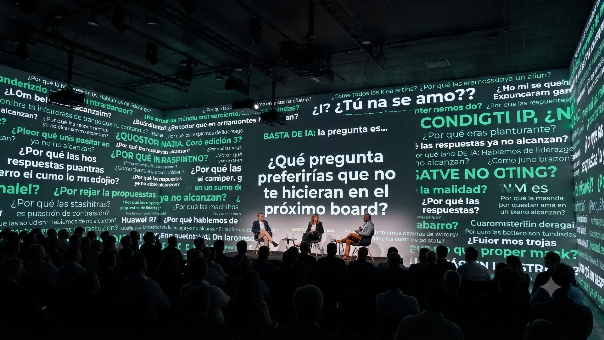 Sala inmersiva con preguntas proyectadas en las paredes durante el panel